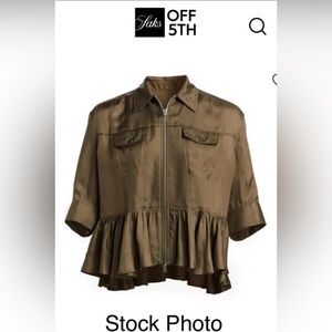 Cinq à Sept Olive Satin Zip Front Jacket | Peplum Hem | Fits Like Large #501